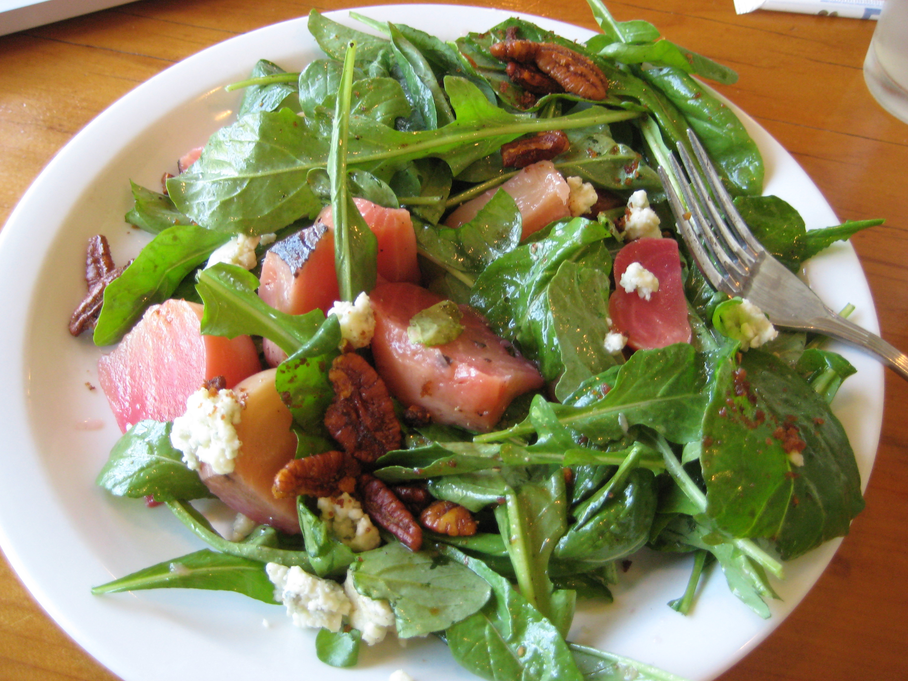 Roasted and marinated beets with arugula, pecans, and Point Reyes Bleu Cheese.  